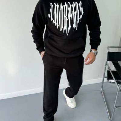 Erkek Kapüşonlu Kanguru Cepli Sweatshirt 3 İplik Pamuklu Baskılı Hoodie -  Siyah