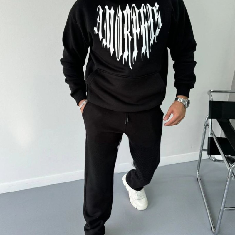 Erkek Kapüşonlu Kanguru Cepli Sweatshirt 3 İplik Pamuklu Baskılı Hoodie -  Siyah