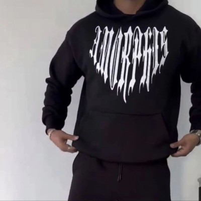 Erkek Kapüşonlu Kanguru Cepli Sweatshirt 3 İplik Pamuklu Baskılı Hoodie -  Siyah