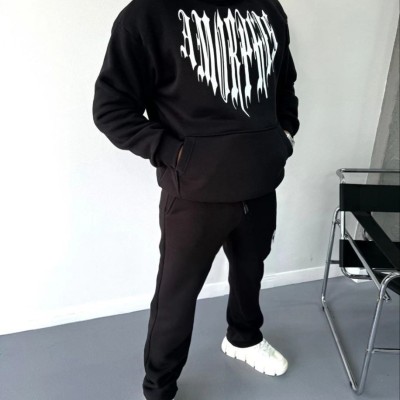 Erkek Kapüşonlu Kanguru Cepli Sweatshirt 3 İplik Pamuklu Baskılı Hoodie -  Siyah