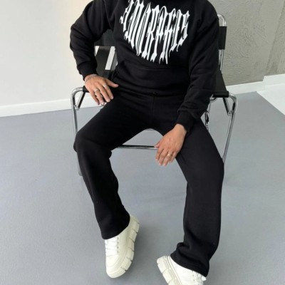 Erkek Kapüşonlu Kanguru Cepli Sweatshirt 3 İplik Pamuklu Baskılı Hoodie -  Siyah