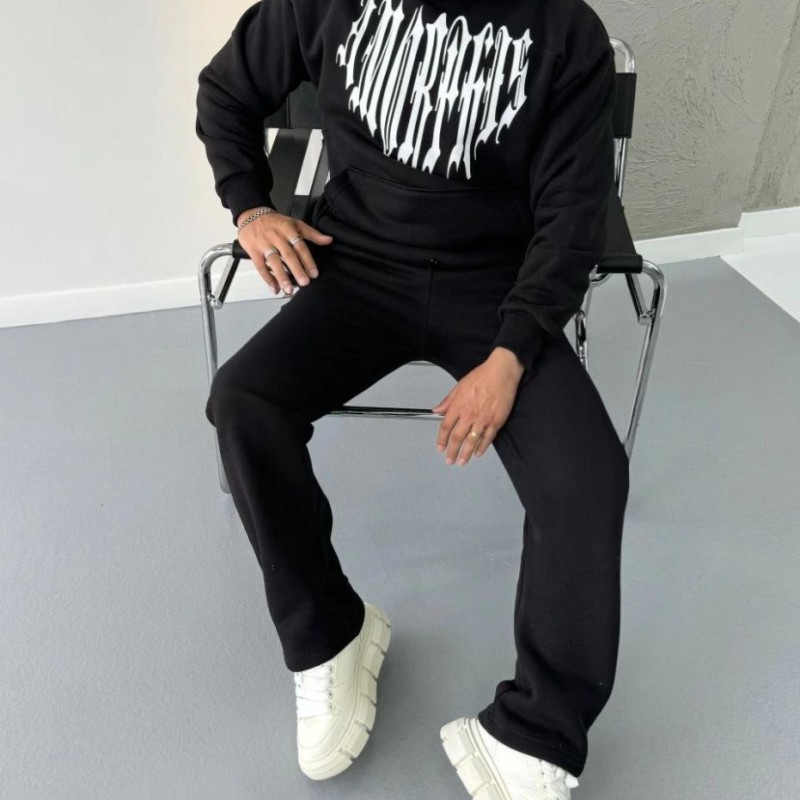 Erkek Kapüşonlu Kanguru Cepli Sweatshirt 3 İplik Pamuklu Baskılı Hoodie -  Siyah