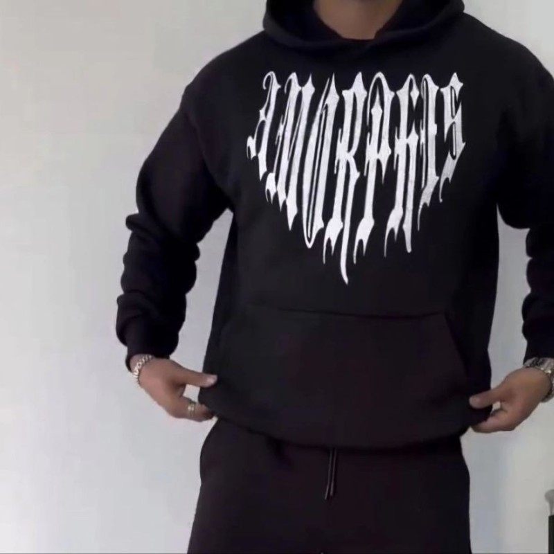 Erkek Kapüşonlu Kanguru Cepli Sweatshirt 3 İplik Pamuklu Baskılı Hoodie -  Siyah