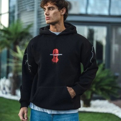 Erkek Kapüşonlu Kanguru Cepli Sweatshirt 3 İplik Pamuklu Baskılı Hoodie -  Siyah