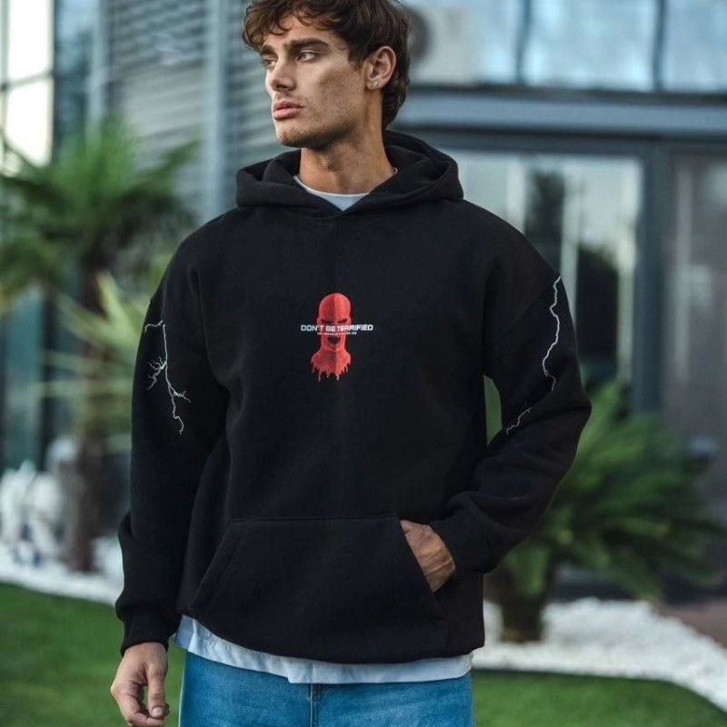 Erkek Kapüşonlu Kanguru Cepli Sweatshirt 3 İplik Pamuklu Baskılı Hoodie -  Siyah