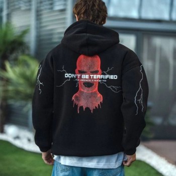 Erkek Kapüşonlu Kanguru Cepli Sweatshirt 3 İplik Pamuklu Baskılı Hoodie -  Siyah