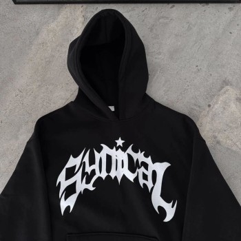 Erkek Kapüşonlu Kanguru Cepli Sweatshirt 3 İplik Pamuklu Baskılı Hoodie - Siyah
