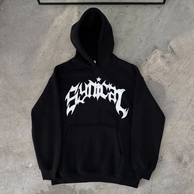 Erkek Kapüşonlu Kanguru Cepli Sweatshirt 3 İplik Pamuklu Baskılı Hoodie - Siyah