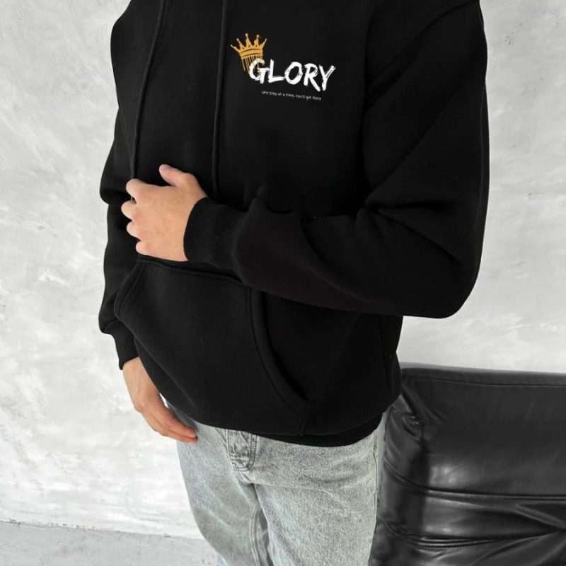 Erkek Kapüşonlu Kanguru Cepli Sweatshirt 3 İplik Pamuklu Baskılı Hoodie - Siyah