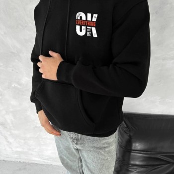 Erkek Kapüşonlu Kanguru Cepli Sweatshirt 3 İplik Pamuklu Baskılı Hoodie - Siyah