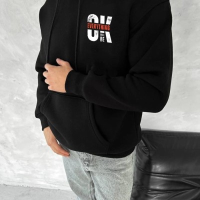 Erkek Kapüşonlu Kanguru Cepli Sweatshirt 3 İplik Pamuklu Baskılı Hoodie - Siyah