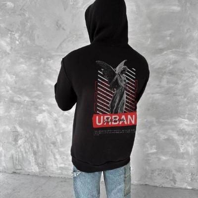 Erkek Kapüşonlu Kanguru Cepli Sweatshirt 3 İplik Pamuklu Baskılı Hoodie - Siyah