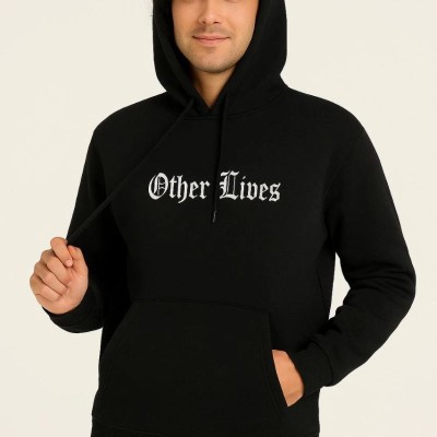 Erkek Kapüşonlu Kanguru Cepli Sweatshirt 3 İplik Pamuklu Baskılı Hoodie - Siyah