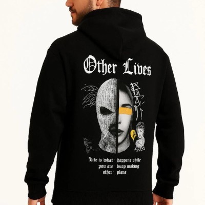 Erkek Kapüşonlu Kanguru Cepli Sweatshirt 3 İplik Pamuklu Baskılı Hoodie - Siyah