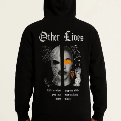 Erkek Kapüşonlu Kanguru Cepli Sweatshirt 3 İplik Pamuklu Baskılı Hoodie - Siyah
