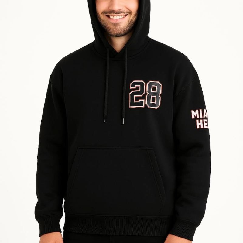 Erkek Kapüşonlu Kanguru Cepli Sweatshirt 3 İplik Pamuklu Baskılı Hoodie - Siyah