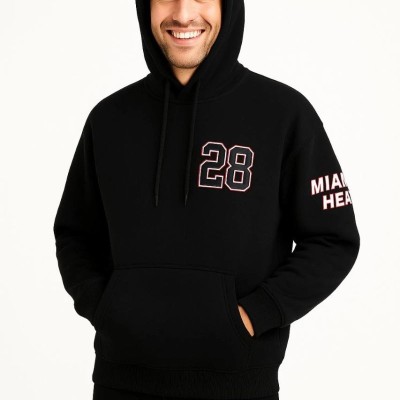 Erkek Kapüşonlu Kanguru Cepli Sweatshirt 3 İplik Pamuklu Baskılı Hoodie - Siyah