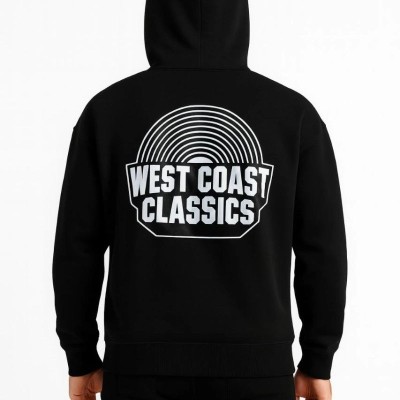 Erkek Kapüşonlu Kanguru Cepli Sweatshirt 3 İplik Pamuklu Baskılı Hoodie -  Siyah