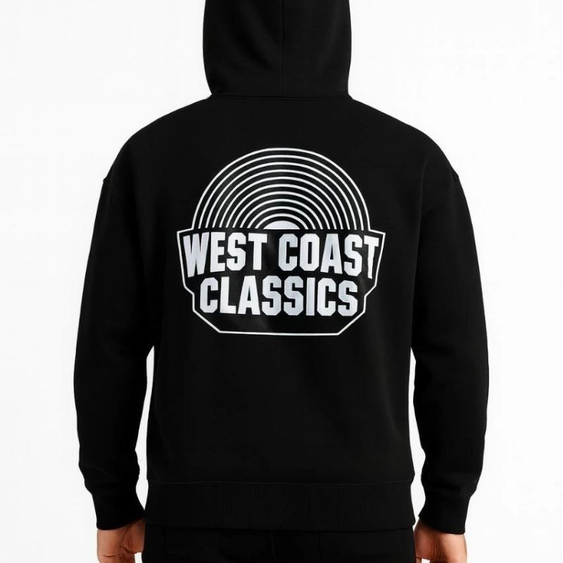 Erkek Kapüşonlu Kanguru Cepli Sweatshirt 3 İplik Pamuklu Baskılı Hoodie -  Siyah