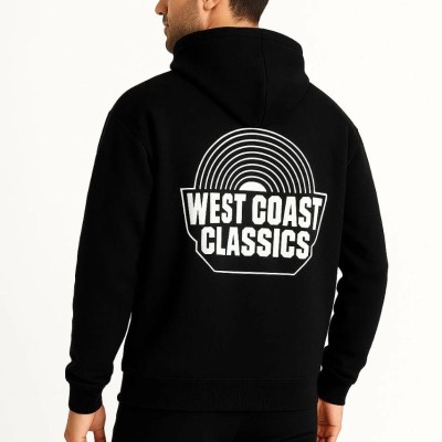 Erkek Kapüşonlu Kanguru Cepli Sweatshirt 3 İplik Pamuklu Baskılı Hoodie -  Siyah