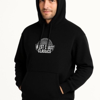 Erkek Kapüşonlu Kanguru Cepli Sweatshirt 3 İplik Pamuklu Baskılı Hoodie -  Siyah