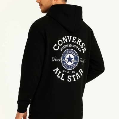 Erkek Kapüşonlu Kanguru Cepli Sweatshirt 3 İplik Pamuklu Baskılı Hoodie - Siyah