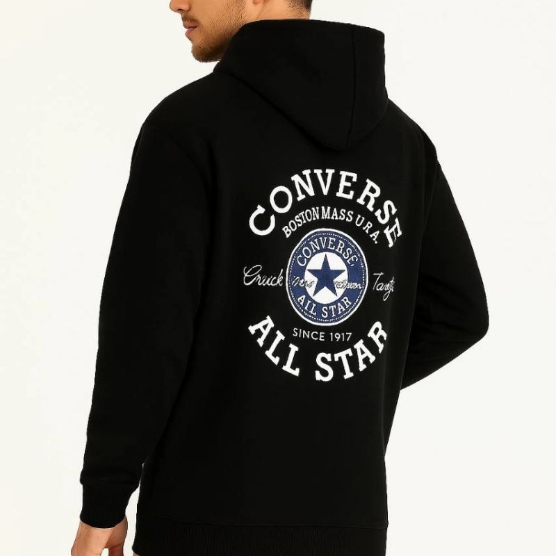 Erkek Kapüşonlu Kanguru Cepli Sweatshirt 3 İplik Pamuklu Baskılı Hoodie - Siyah