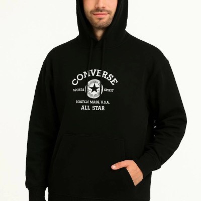 Erkek Kapüşonlu Kanguru Cepli Sweatshirt 3 İplik Pamuklu Baskılı Hoodie - Siyah