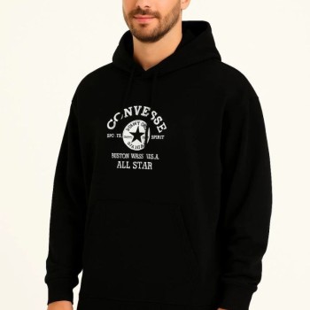 Erkek Kapüşonlu Kanguru Cepli Sweatshirt 3 İplik Pamuklu Baskılı Hoodie - Siyah