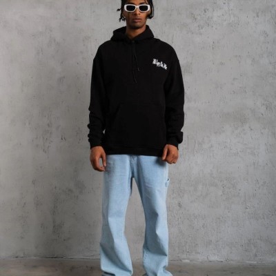 Erkek Kapüşonlu Kanguru Cepli Sweatshirt 3 İplik Pamuklu Baskılı Hoodie - Siyah