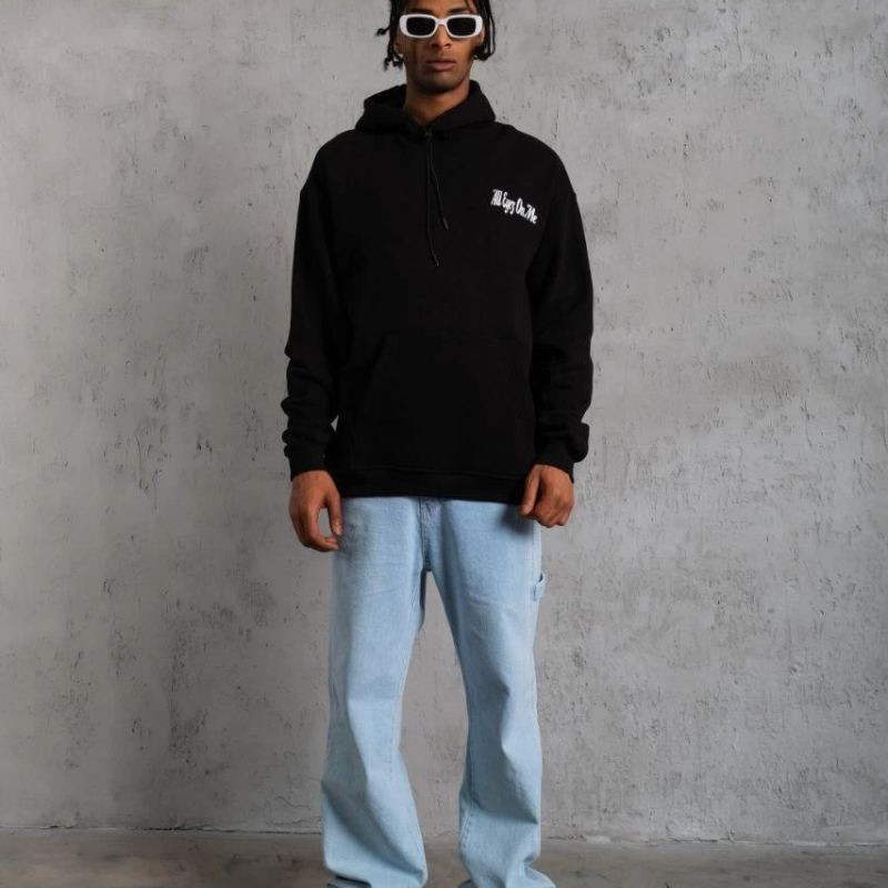 Erkek Kapüşonlu Kanguru Cepli Sweatshirt 3 İplik Pamuklu Baskılı Hoodie - Siyah