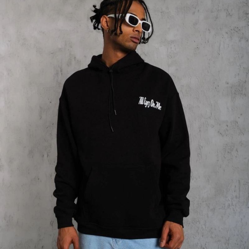 Erkek Kapüşonlu Kanguru Cepli Sweatshirt 3 İplik Pamuklu Baskılı Hoodie - Siyah