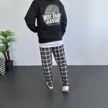 Erkek Kapüşonlu Kanguru Cepli Sweatshirt 3 İplik Pamuklu Baskılı Hoodie - Siyah