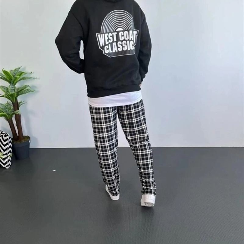 Erkek Kapüşonlu Kanguru Cepli Sweatshirt 3 İplik Pamuklu Baskılı Hoodie - Siyah