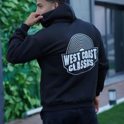 Erkek Kapüşonlu Kanguru Cepli Sweatshirt 3 İplik Pamuklu Baskılı Hoodie - Siyah