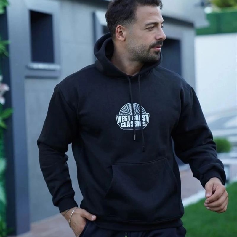 Erkek Kapüşonlu Kanguru Cepli Sweatshirt 3 İplik Pamuklu Baskılı Hoodie - Siyah