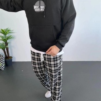Erkek Kapüşonlu Kanguru Cepli Sweatshirt 3 İplik Pamuklu Baskılı Hoodie - Siyah
