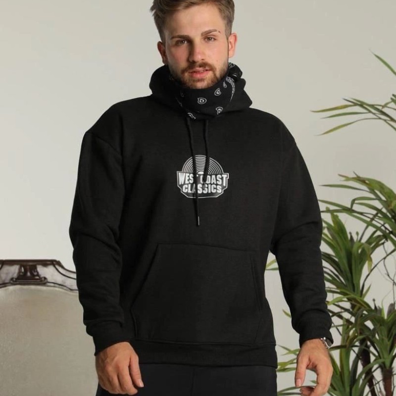 Erkek Kapüşonlu Kanguru Cepli Sweatshirt 3 İplik Pamuklu Baskılı Hoodie - Siyah