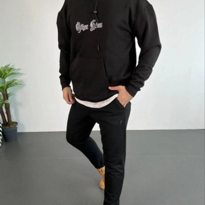 Erkek Kapüşonlu Kanguru Cepli Sweatshirt 3 İplik Pamuklu Baskılı Hoodie - Siyah