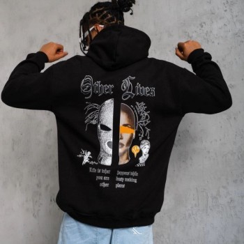 Erkek Kapüşonlu Kanguru Cepli Sweatshirt 3 İplik Pamuklu Baskılı Hoodie - Siyah