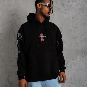 Erkek Kapüşonlu Kanguru Cepli Sweatshirt 3 İplik Pamuklu Baskılı Hoodie - Siyah
