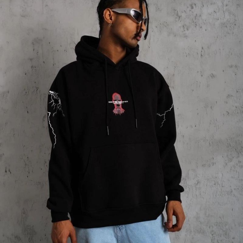 Erkek Kapüşonlu Kanguru Cepli Sweatshirt 3 İplik Pamuklu Baskılı Hoodie - Siyah