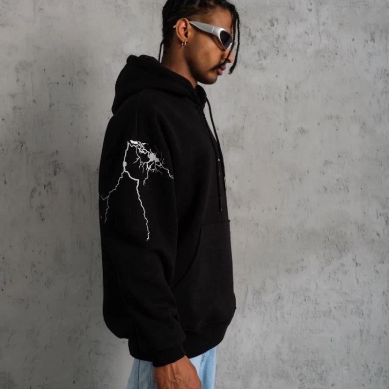 Erkek Kapüşonlu Kanguru Cepli Sweatshirt 3 İplik Pamuklu Baskılı Hoodie - Siyah