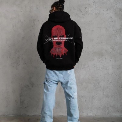 Erkek Kapüşonlu Kanguru Cepli Sweatshirt 3 İplik Pamuklu Baskılı Hoodie - Siyah
