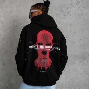 Erkek Kapüşonlu Kanguru Cepli Sweatshirt 3 İplik Pamuklu Baskılı Hoodie - Siyah