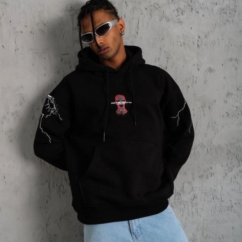 Erkek Kapüşonlu Kanguru Cepli Sweatshirt 3 İplik Pamuklu Baskılı Hoodie - Siyah