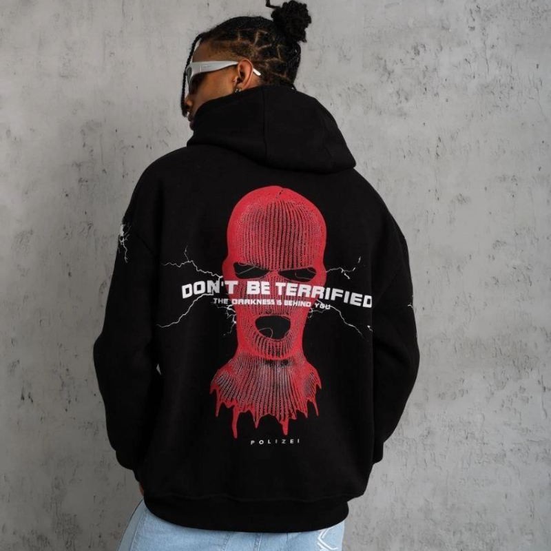 Erkek Kapüşonlu Kanguru Cepli Sweatshirt 3 İplik Pamuklu Baskılı Hoodie - Siyah