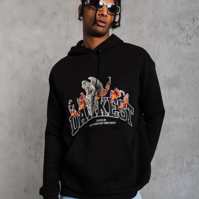 Erkek Kapüşonlu Kanguru Cepli Sweatshirt 3 İplik Pamuklu Baskılı Hoodie - Siyah