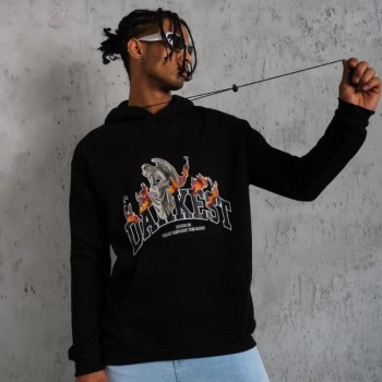 Erkek Kapüşonlu Kanguru Cepli Sweatshirt 3 İplik Pamuklu Baskılı Hoodie - Siyah