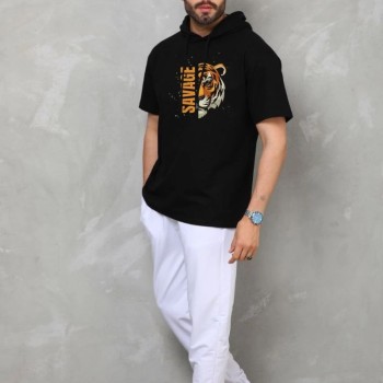 Erkek Kapüşonlu Kısa Kol Oversize Baskılı T-Shirt - Siyah